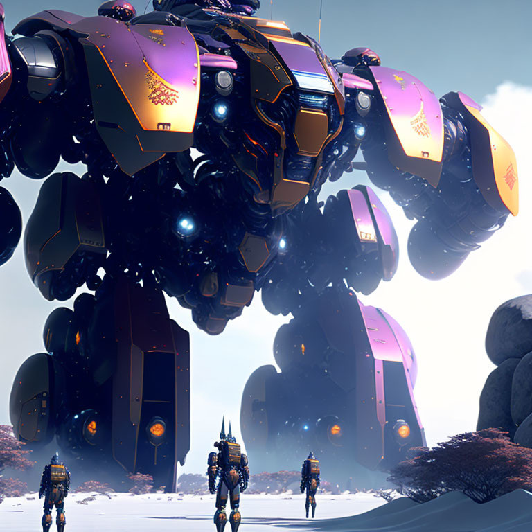 Futuristic mech with armored figures in snowy landscape.