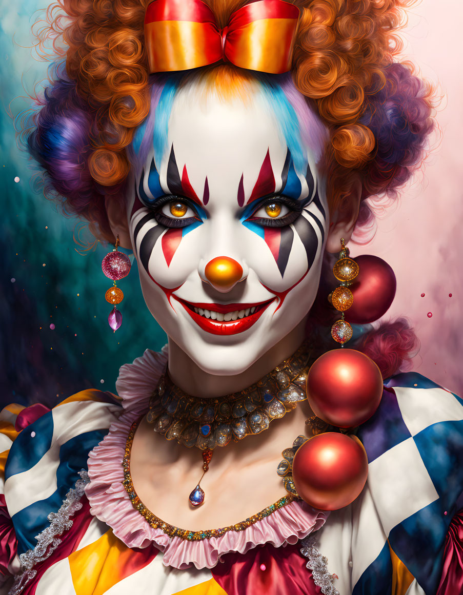 Colorful clown with vibrant face paint and checkered costume smiles against nebulous backdrop