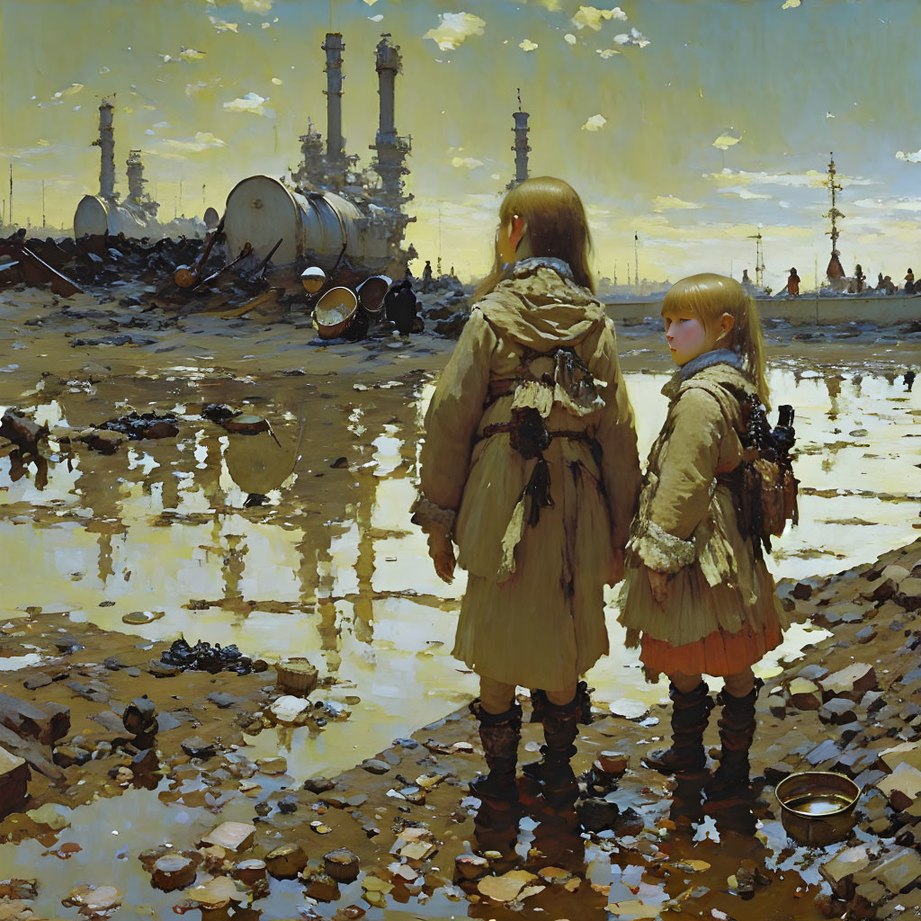 Children in heavy coats by industrial landscape with oil drums and refinery towers