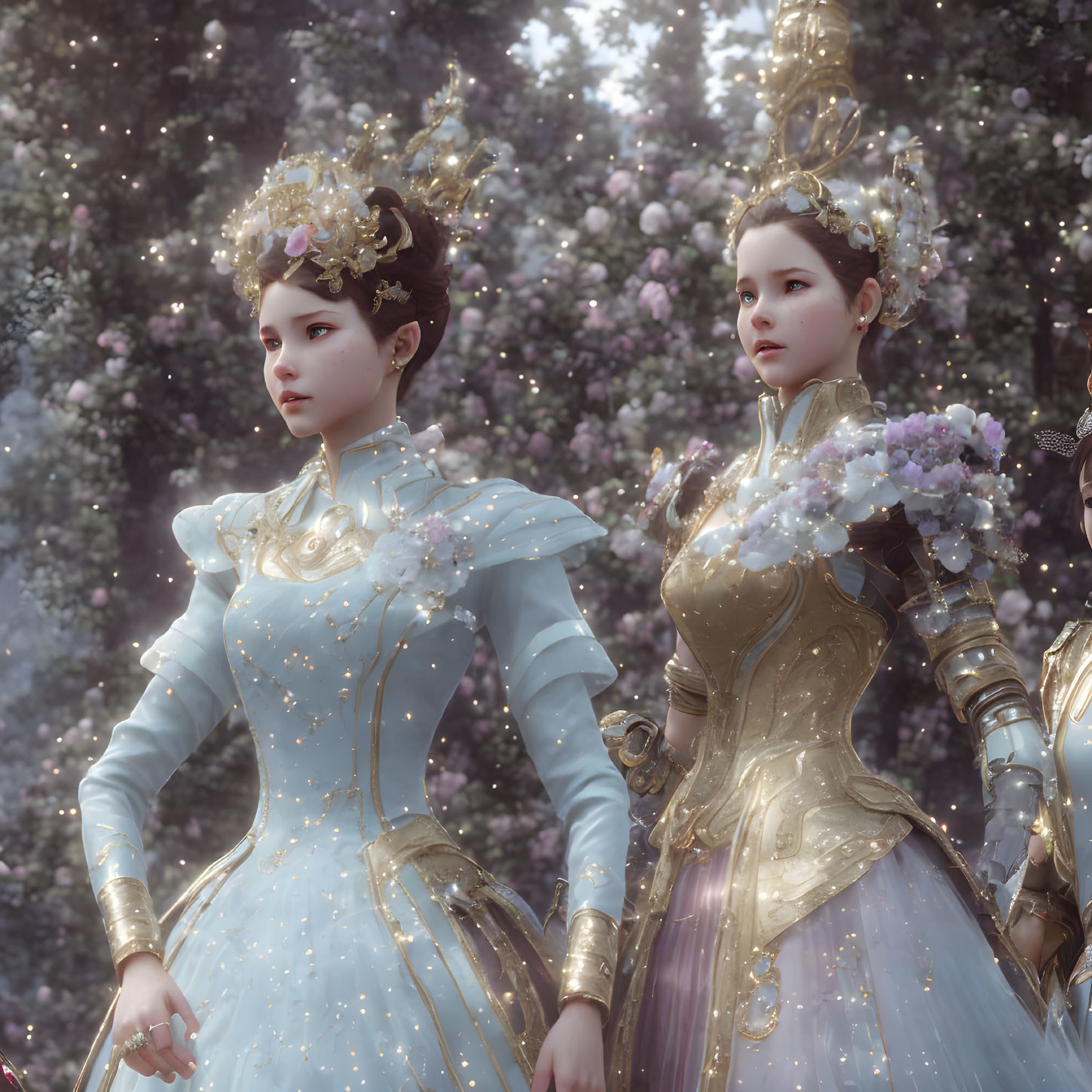 Two women in ornate historical dresses with gold accents and floral headpieces among pink blossoms