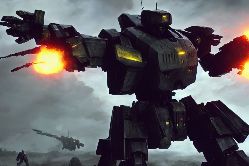 Giant battle mech fires weapon in dark, war-torn landscape