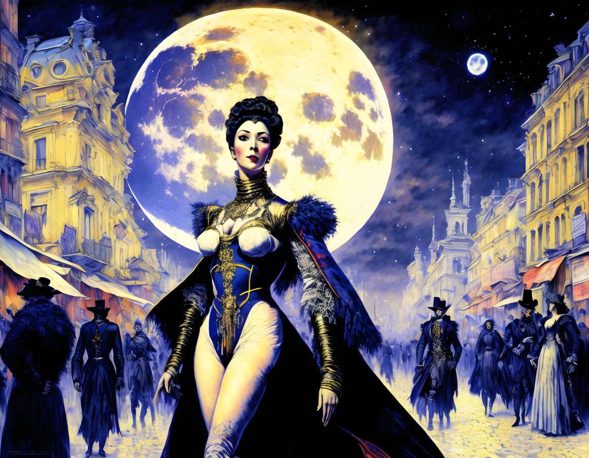 Illustration of woman in dramatic costume under large moon with figures in cloaks and ornate buildings.