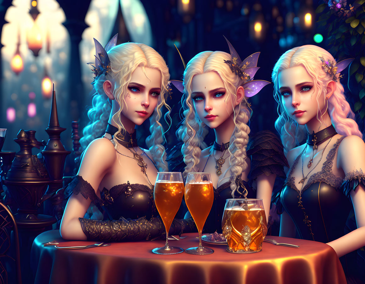 Three fantasy elf women in ornate attire at a dimly-lit table with drinks