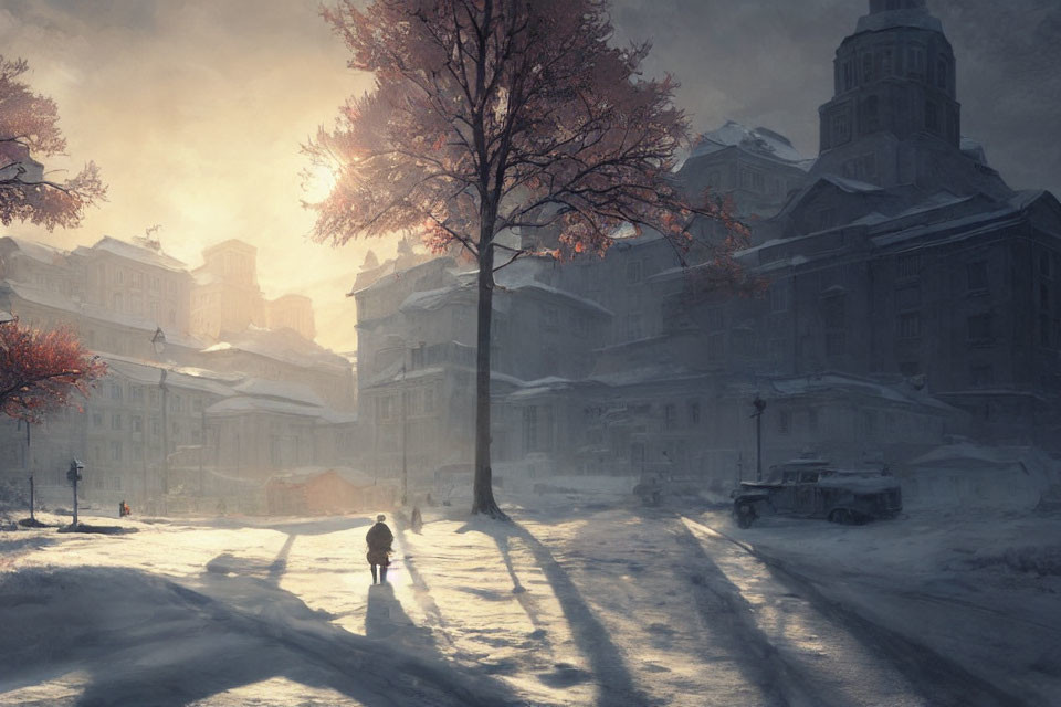 Person walking on snowy street at sunset among old buildings and pink-leaved tree