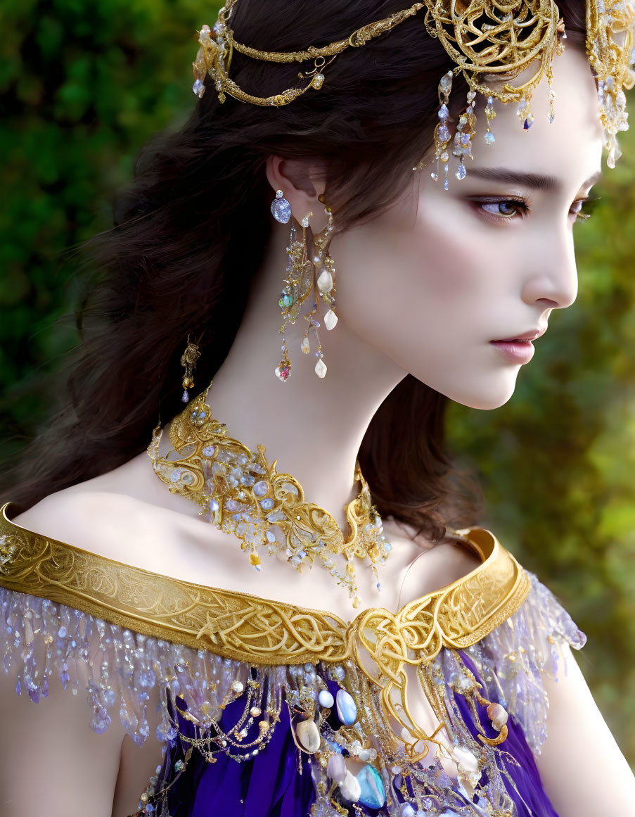 Elaborately adorned woman in golden jewelry and blue dress.