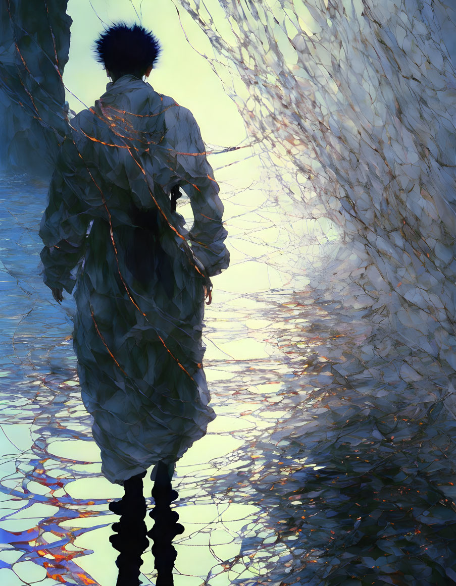 Person in white robe by water with black hair, surrounded by light and texture