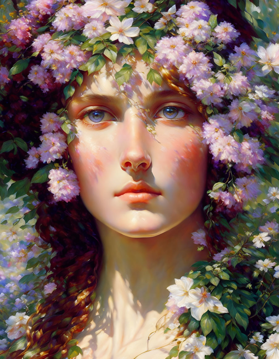 Portrait of Woman with Blue Eyes Surrounded by Colorful Blooming Flowers