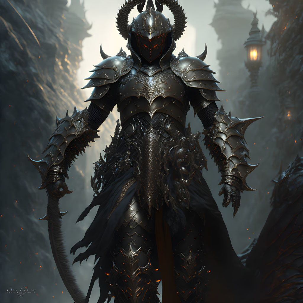 Dark, spiky armored figure in gloomy landscape with towering structures