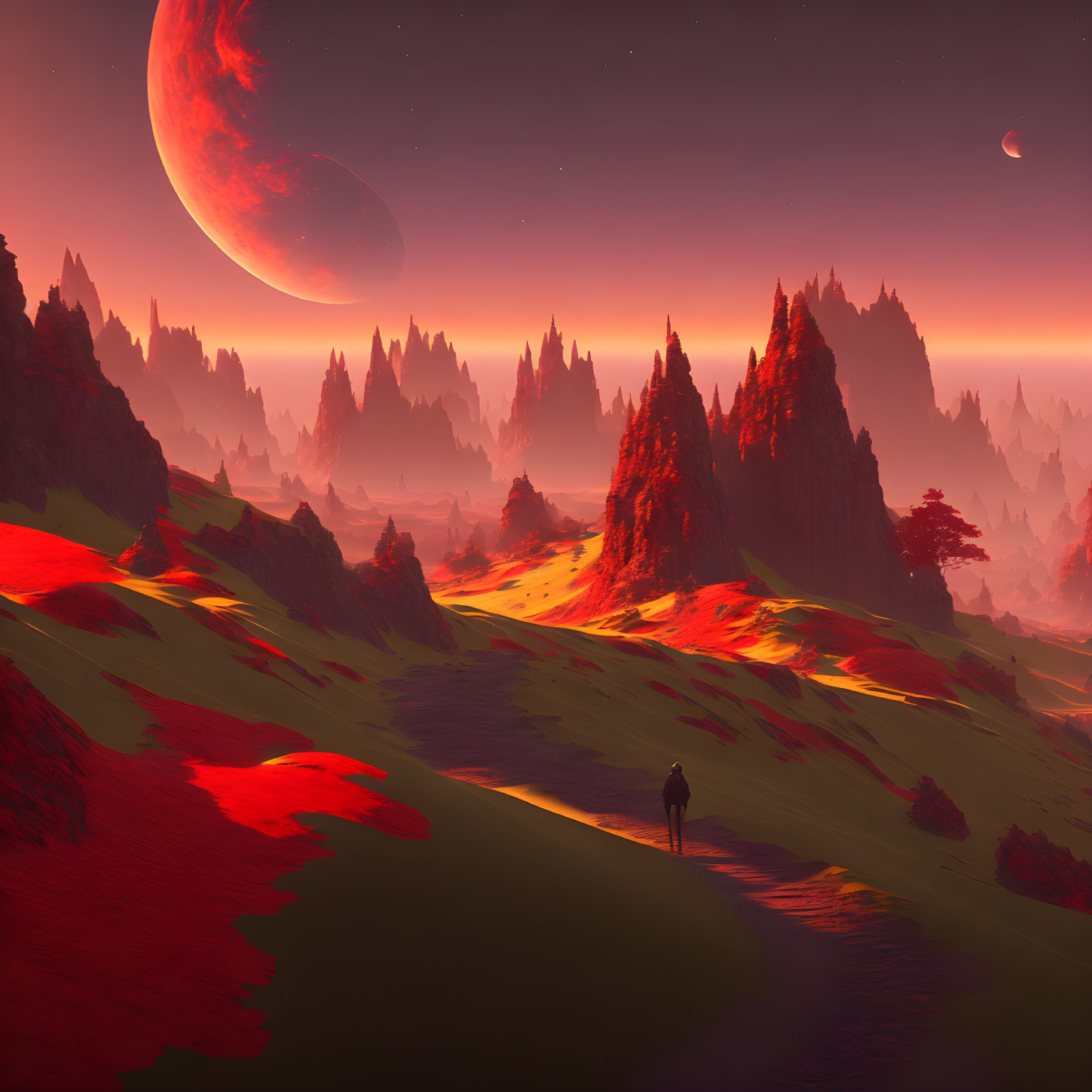 Figure on surreal red alien landscape with towering spires under moonlit sky