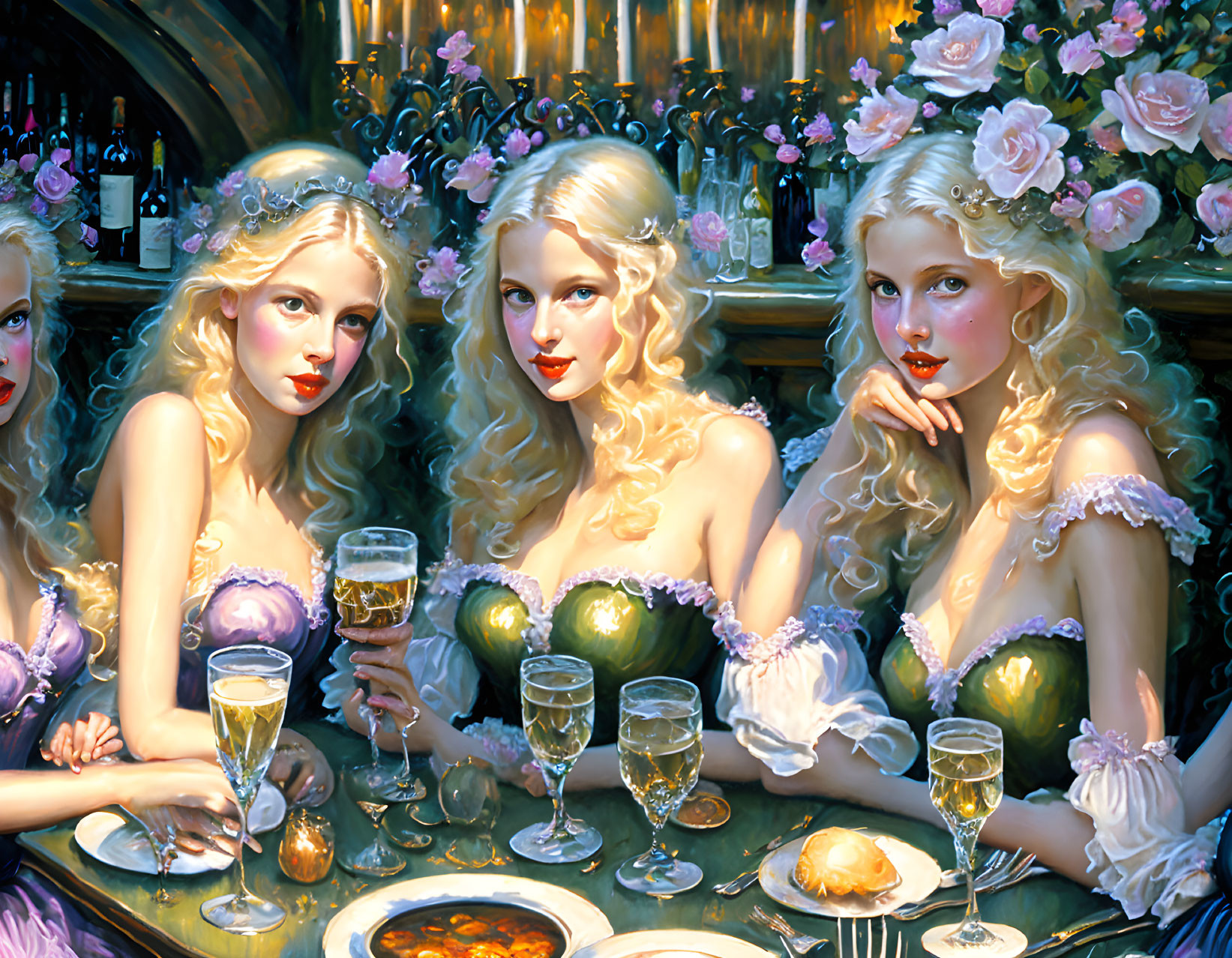 Three women in period dresses with floral crowns and champagne glasses in an elegant setting.