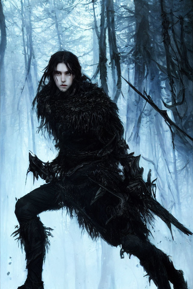 Long-haired person in black feathery attire in gloomy icy forest