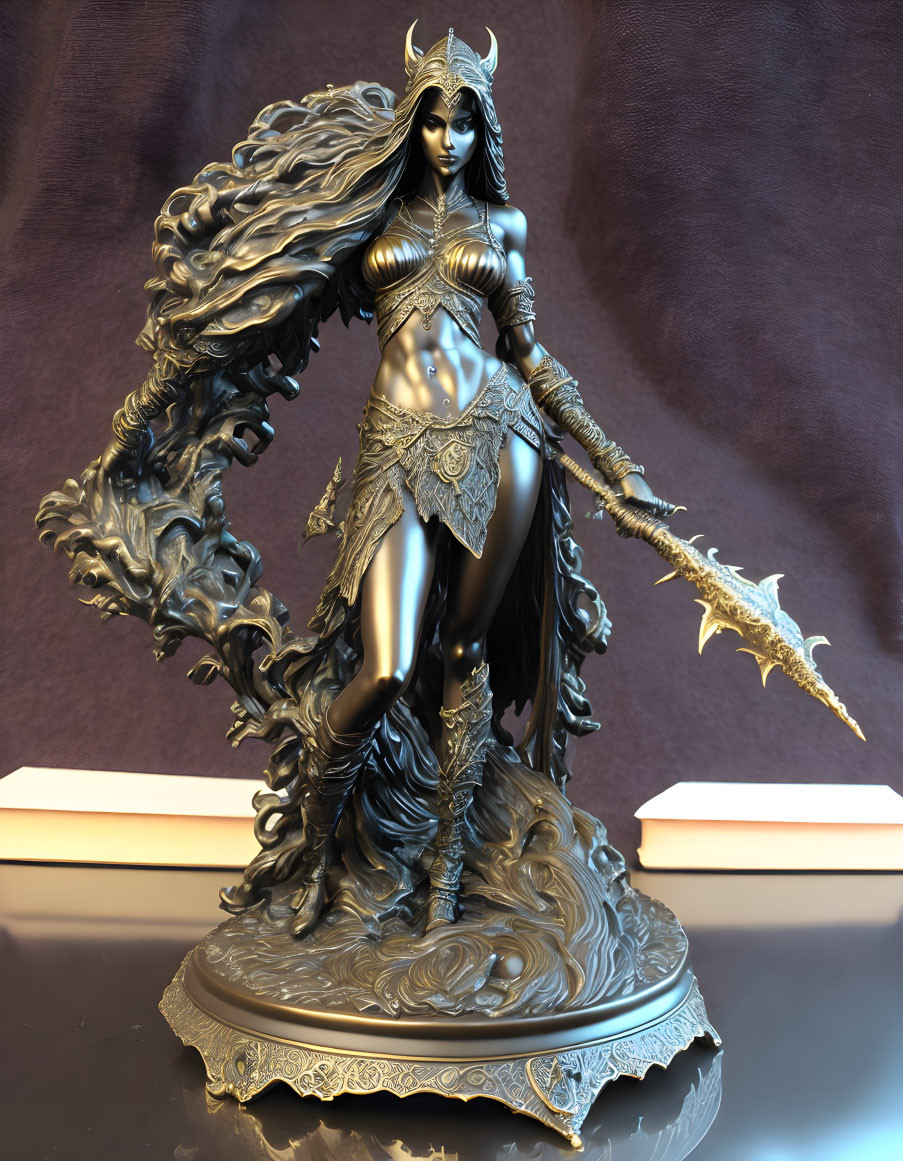 Fantasy warrior woman sculpture with elaborate armor and spear