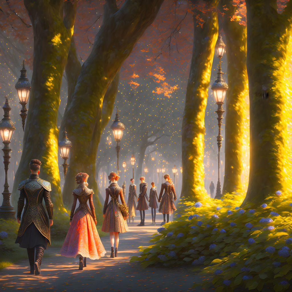 Fashionable individuals strolling in lantern-lit autumn forest with falling leaves