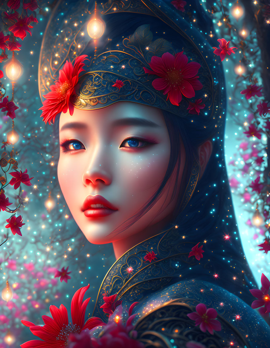 Illustrated portrait of woman in traditional headdress with red flowers and magical glow.