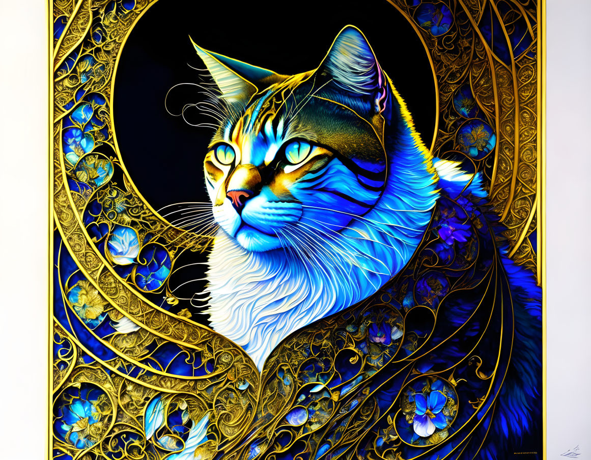 Colorful digital artwork of a cat on ornate backdrop