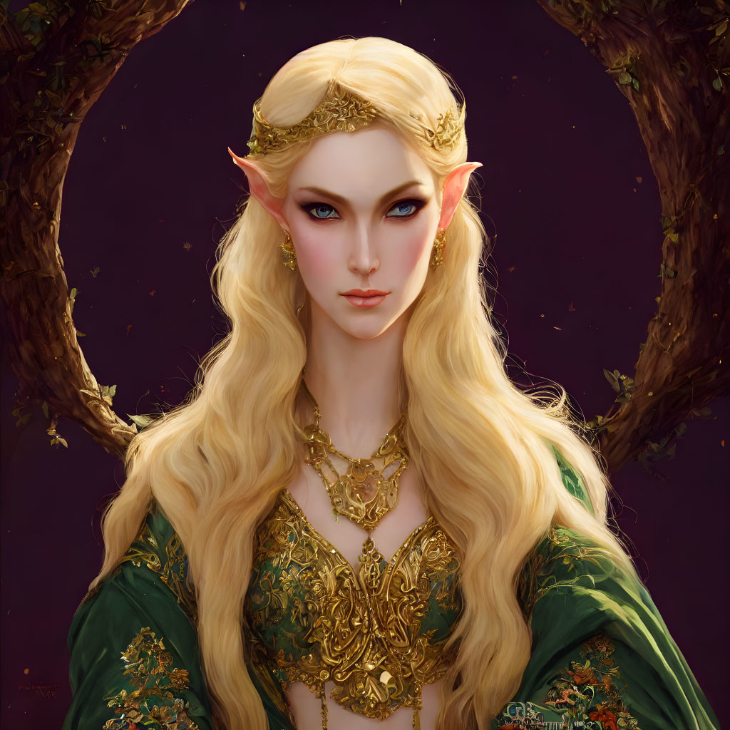 Golden-haired elf with blue eyes in tiara and necklace against circular tree backdrop