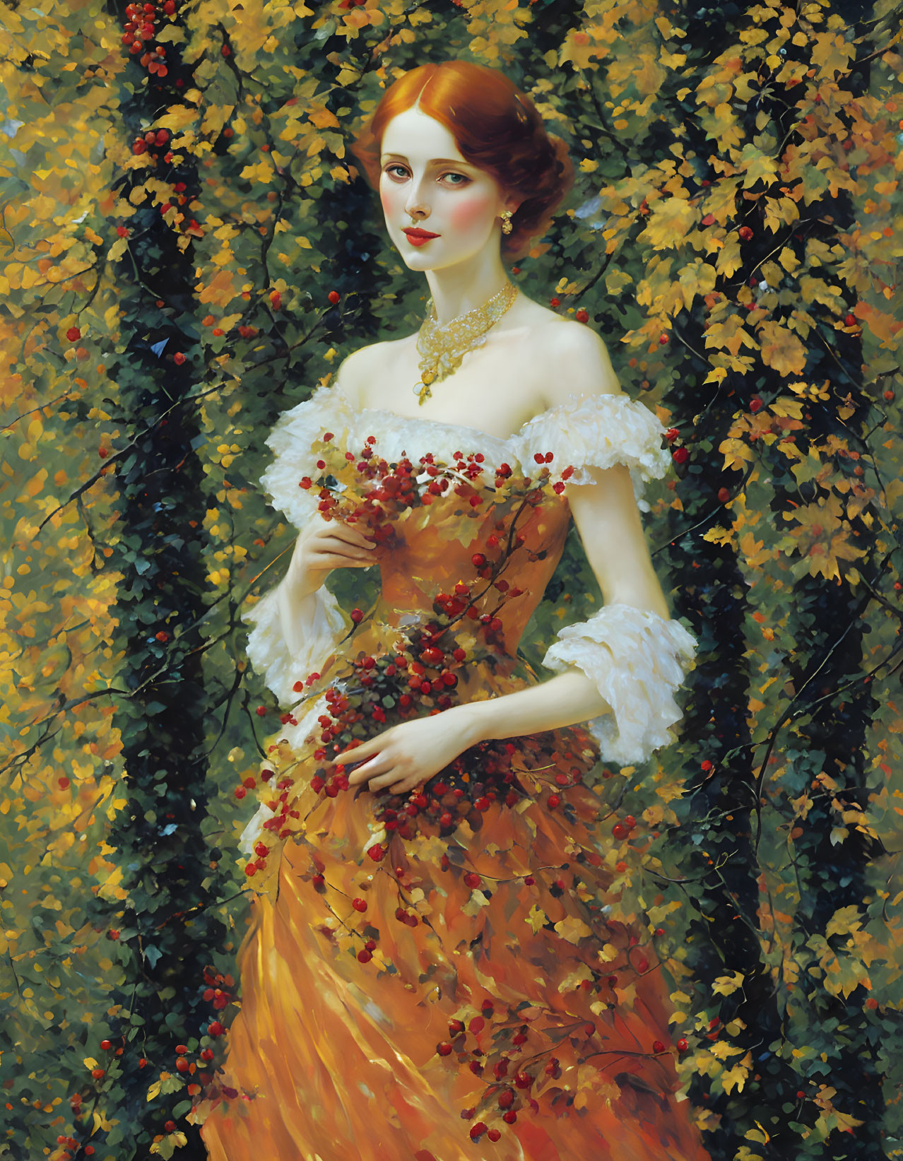 Elegant woman in orange dress surrounded by autumn leaves and red berries