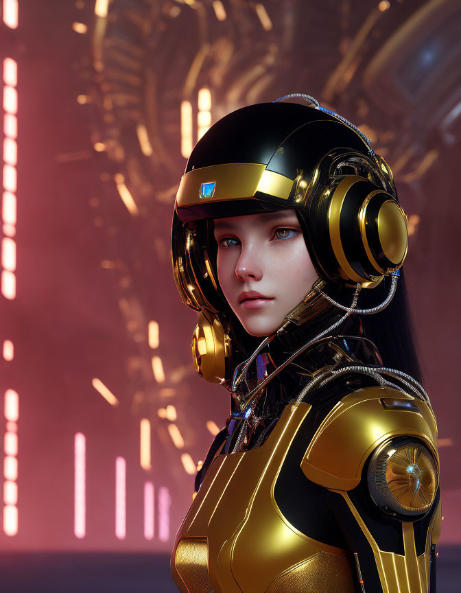 Futuristic female character in black and gold suit with blue eyes against neon backdrop