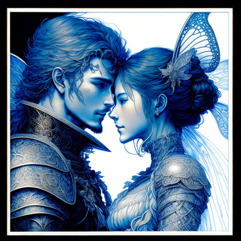 Fantasy couple digital artwork with intricate armor and delicate fairy-like female in blue tones