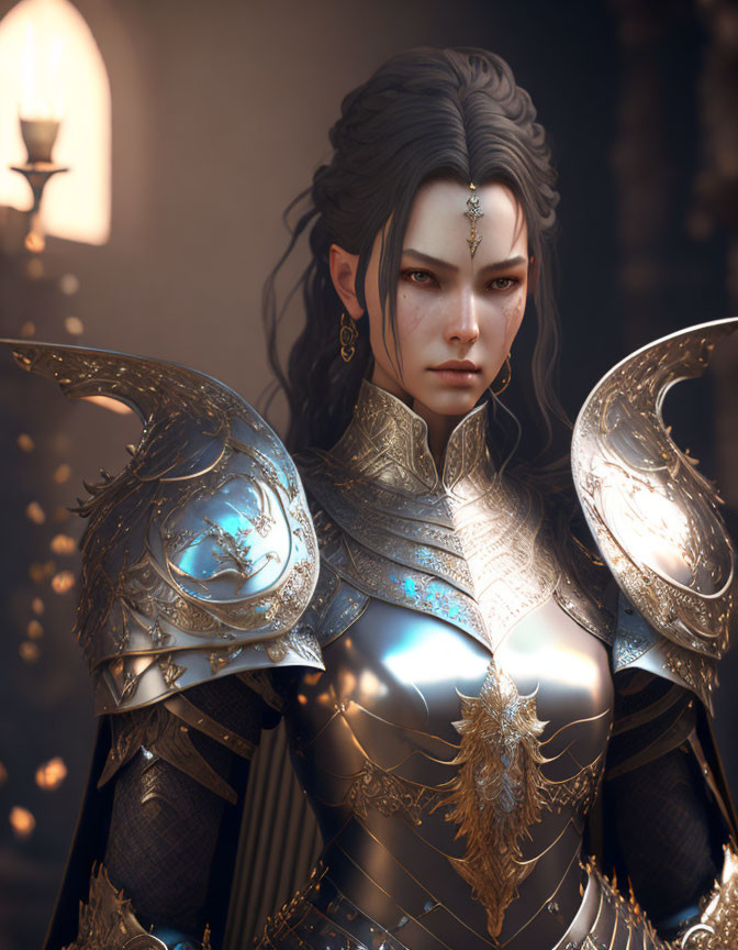 Detailed digital artwork of woman in ornate armor with glowing gem