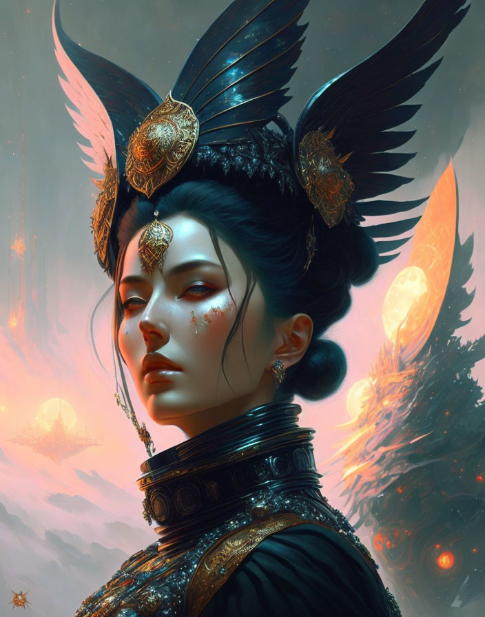Fantasy-themed digital artwork of a woman with ornate headdress and jewelry