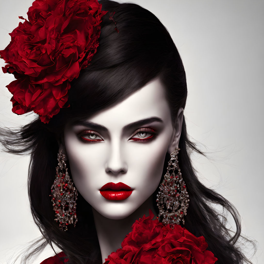 Pale-skinned woman with red lipstick and roses in hair on grey background