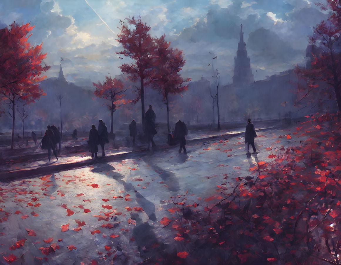 Autumn park painting with people, red leaves, sunlight reflection, and distant tower.