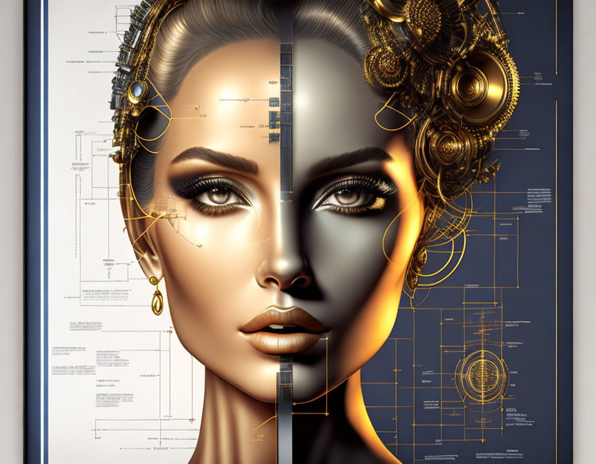 Digital Artwork: Woman's Face with Mechanical Elements and Blueprint Designs