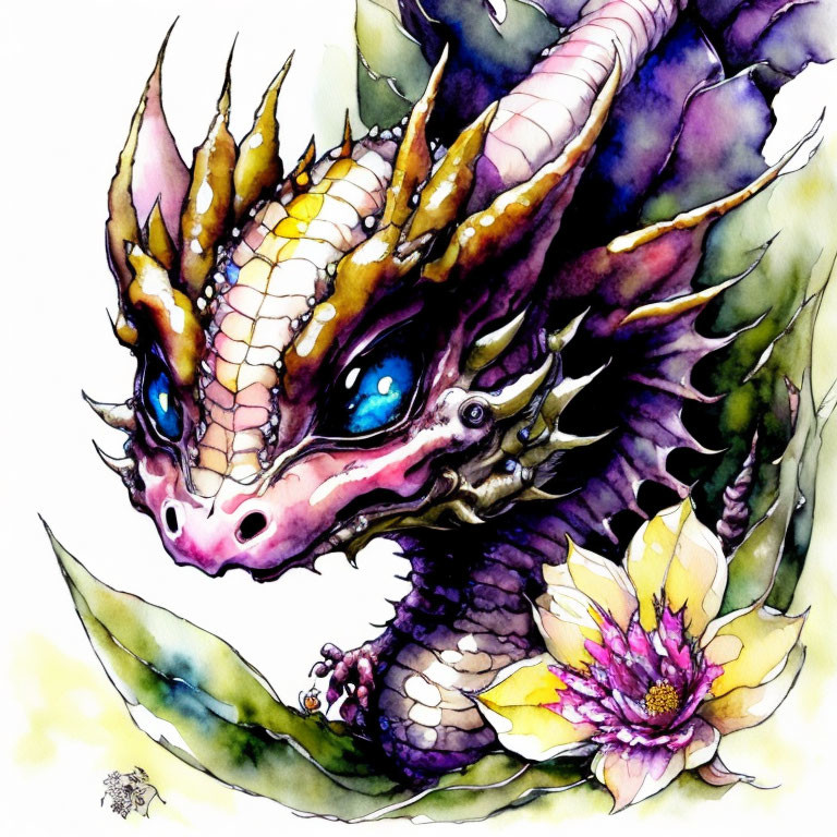 Vibrant dragon watercolor with sharp horns and blue eyes