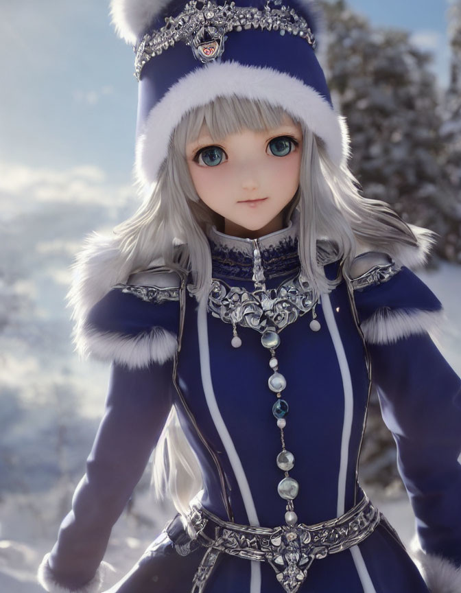 Digital artwork of female character with silver hair, blue eyes, in blue and white winter outfit with fur