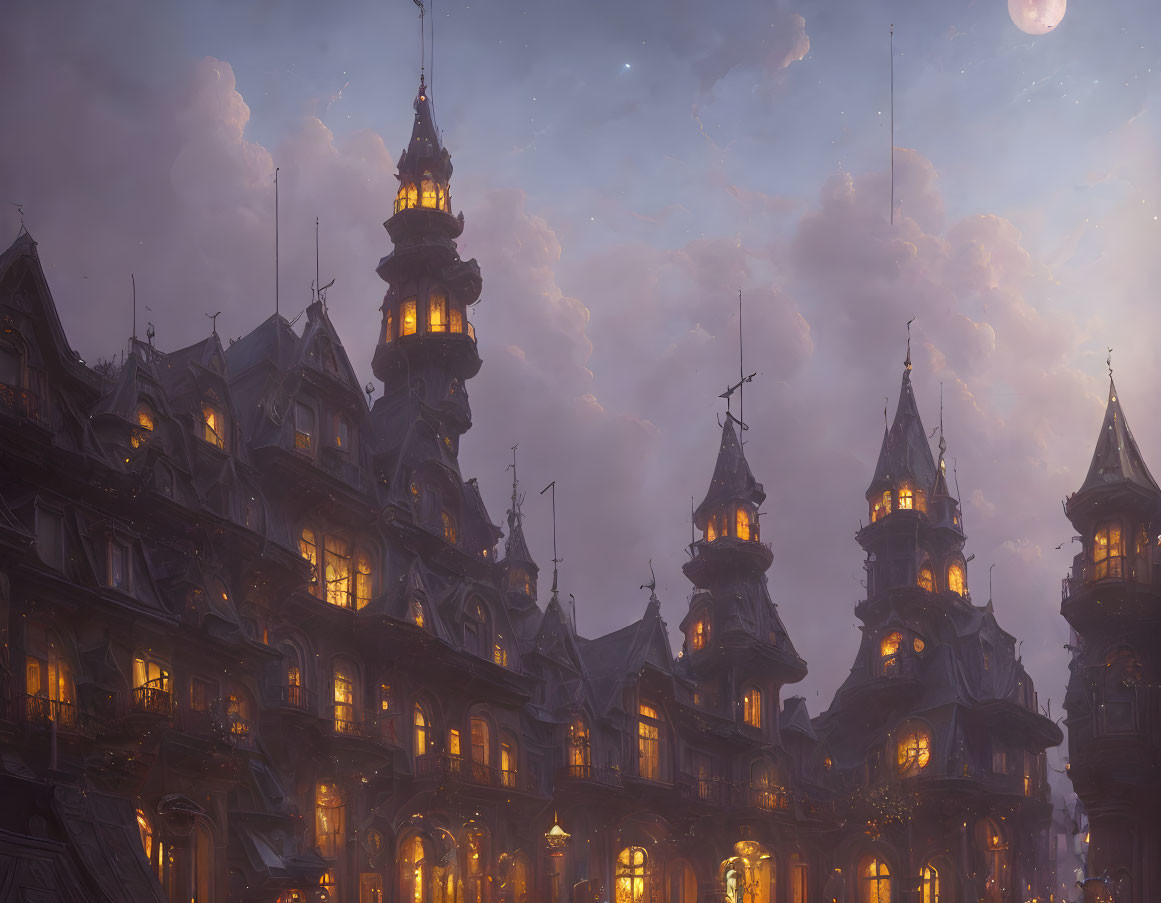 Gothic mansion with turrets under twilight sky