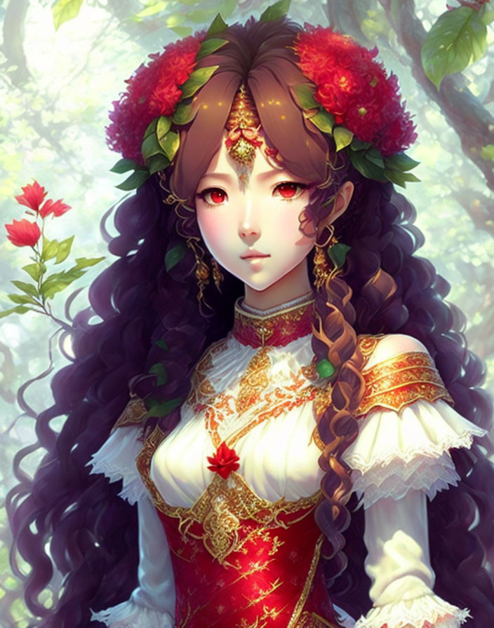 Woman with long curly hair in floral crown and red dress against natural backdrop