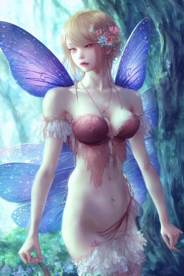 Fantasy female fairy with blue wings in mystical forest