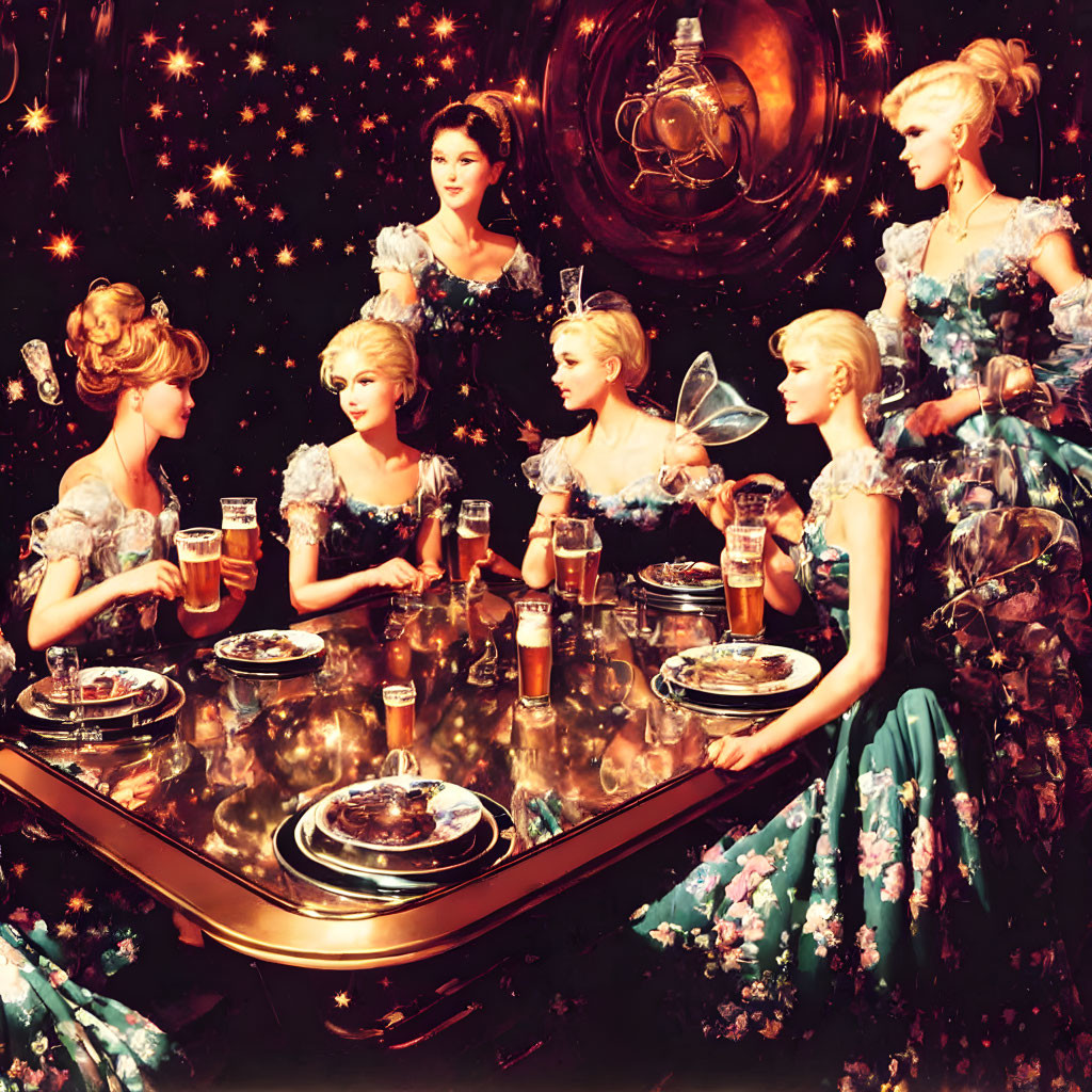 Women in ornate floral dresses at reflective table with starry embellishments