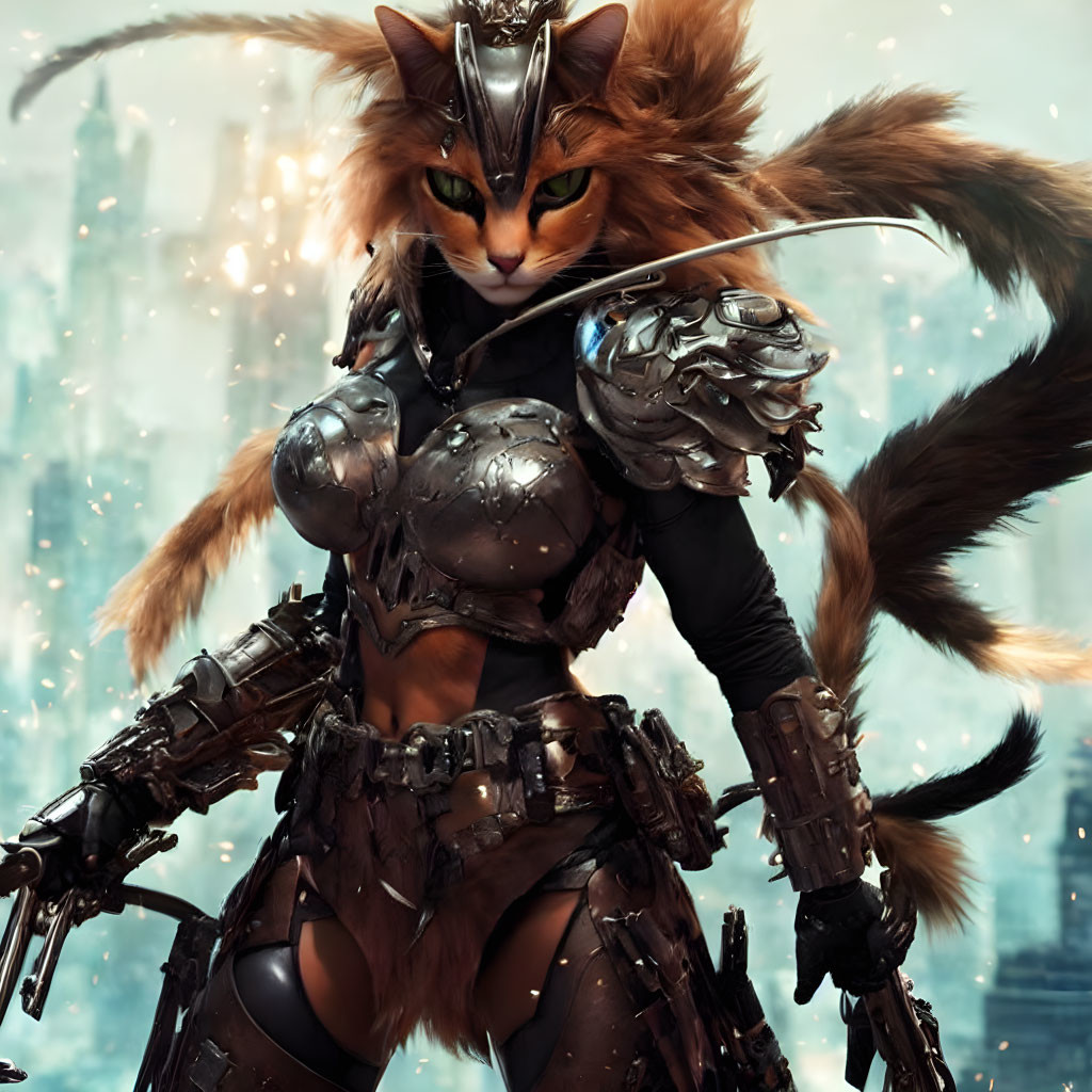 Anthropomorphic feline warrior in metallic armor with sword against futuristic city.