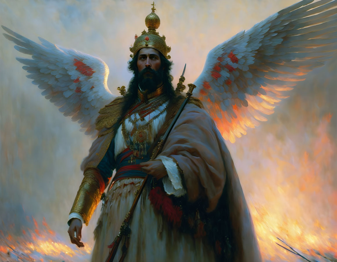 Regal figure with angelic wings in royal attire and crown against fiery backdrop