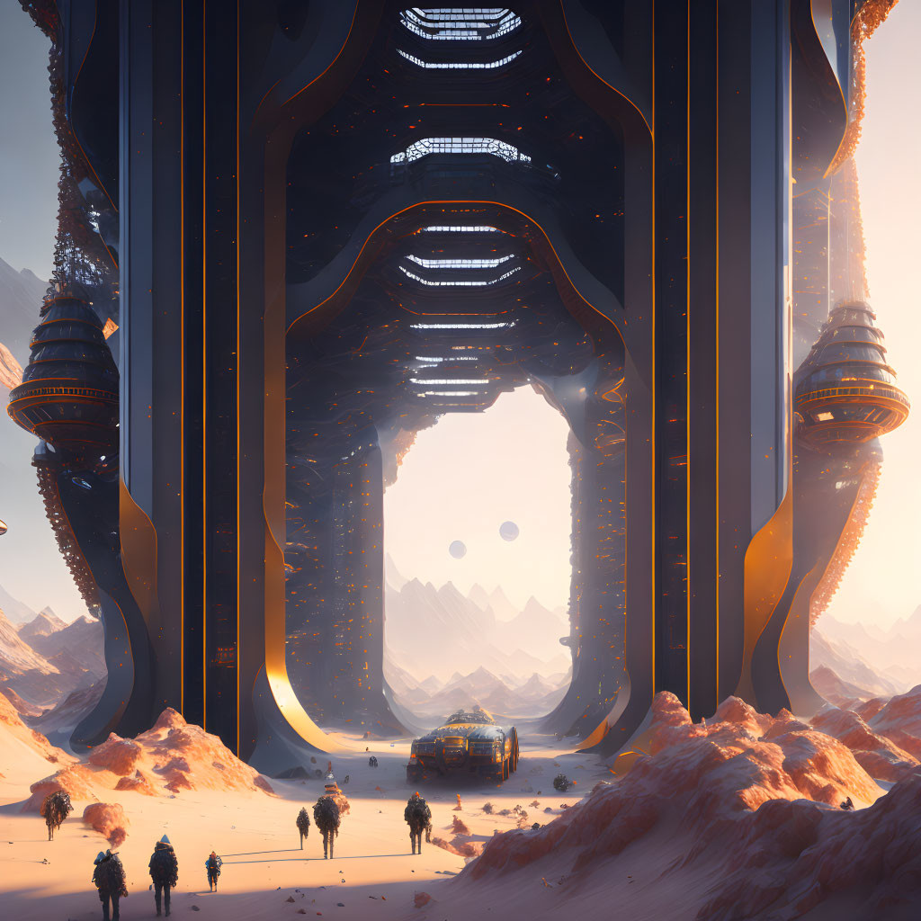 Futuristic desert landscape with explorers and colossal structure