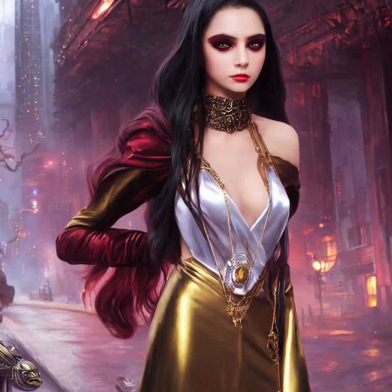 Dark-haired woman in fantasy dress against futuristic cityscape