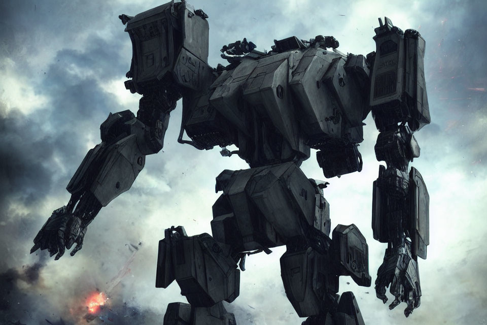 Gigantic armored robot with weapons under cloudy sky