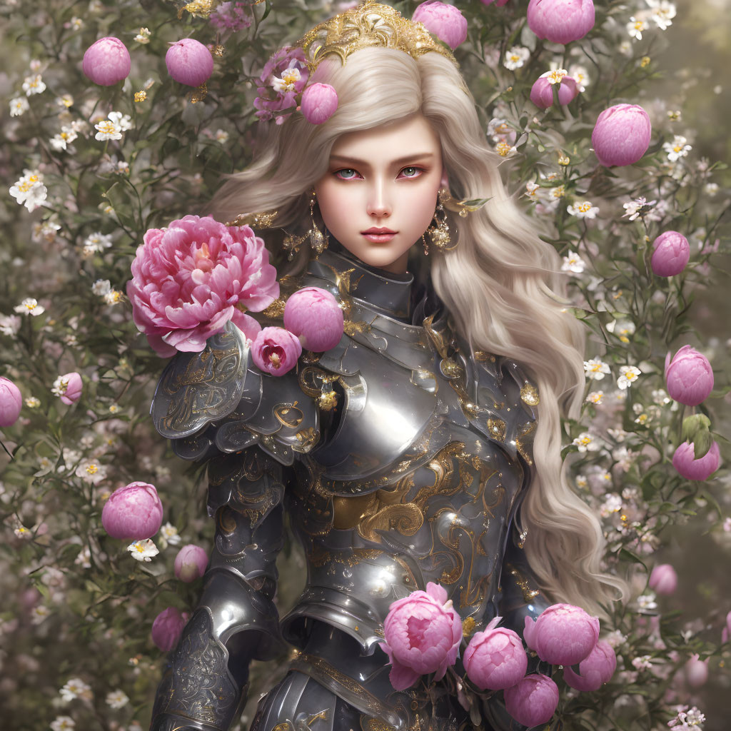 Fantasy armored woman with gold details holding a peony among blossoms