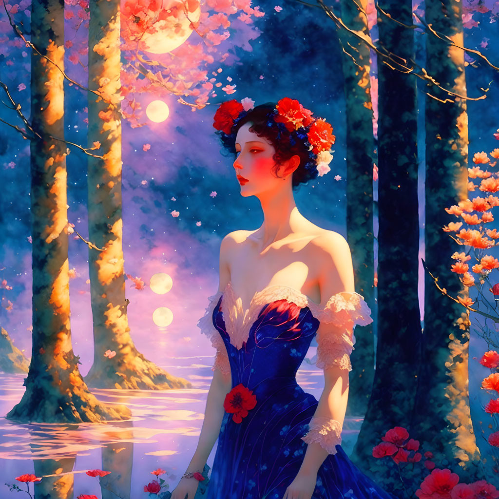 Woman in Blue Dress Surrounded by Pink Blooms in Fantastical Forest