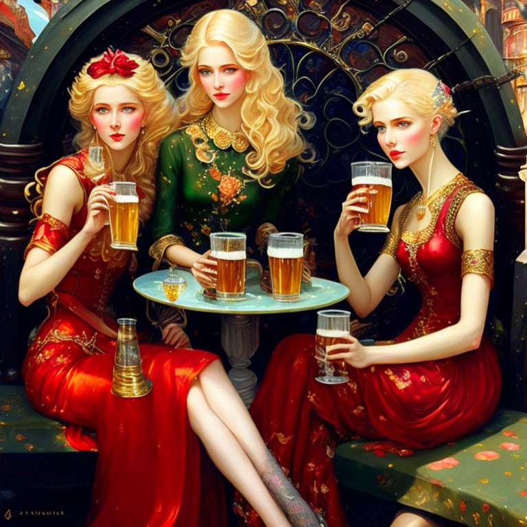 Three women with golden hair in red dresses enjoying beer in front of a gothic-style backdrop