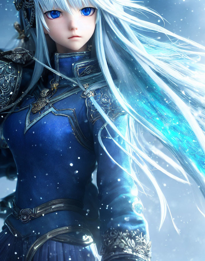 Silver-Haired Animated Character in Blue Armor with Winter Background