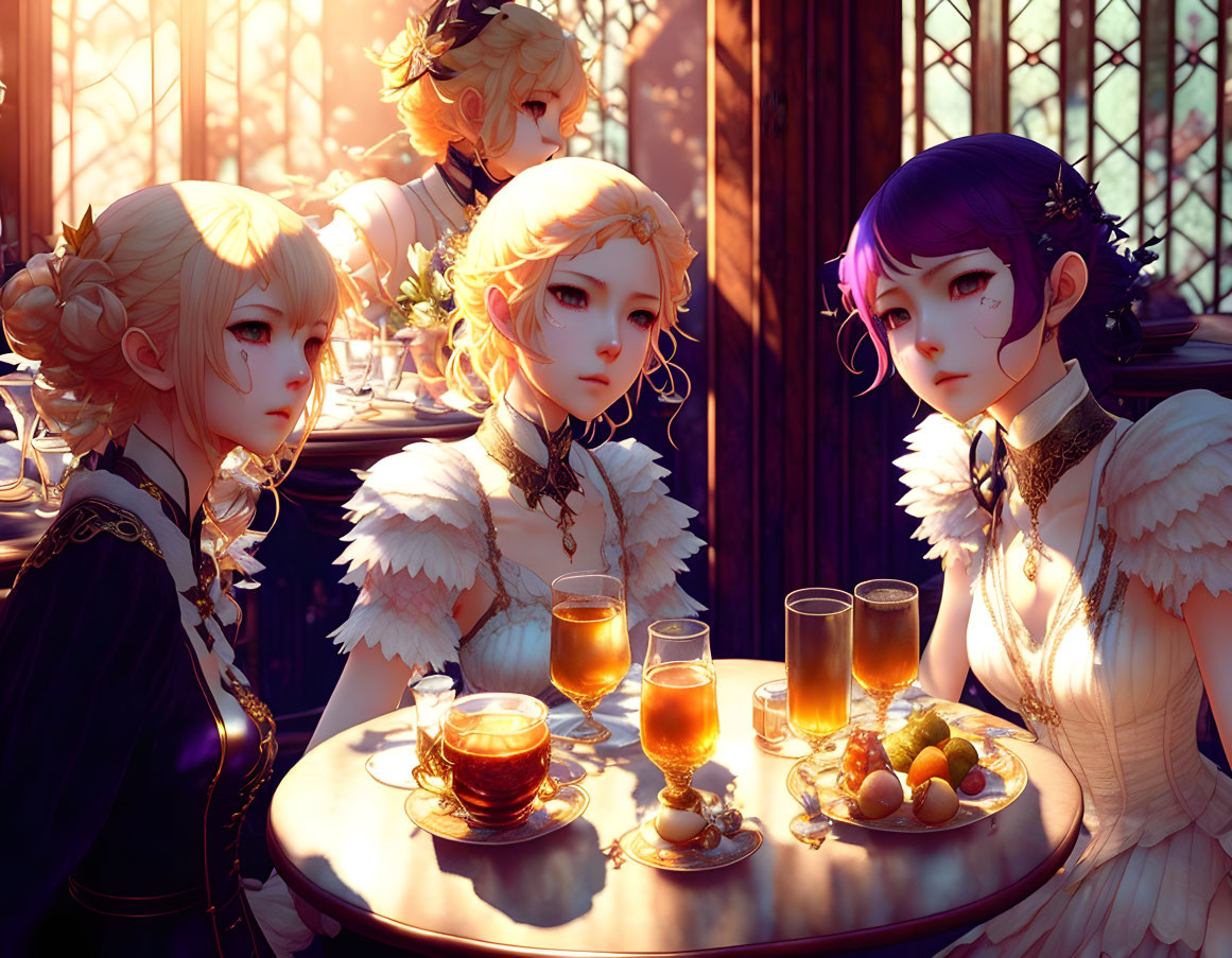 Three animated female characters in elegant attire around a table with drinks and fruits in a sunlit room