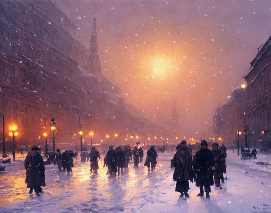 Snowy Street Scene: People Walking in Warm Glowing Lights