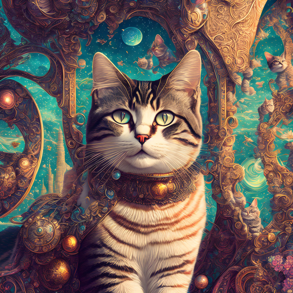 Tabby cat with golden eyes in celestial setting