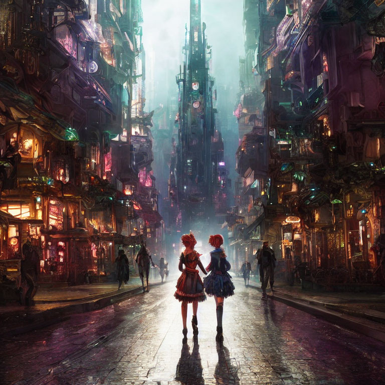 Two animated girls in neon-lit futuristic cityscape