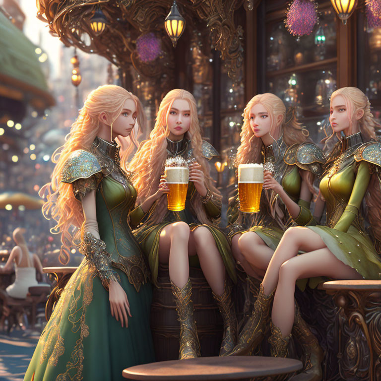 Four animated female characters in medieval attire holding mugs in a fantasy tavern setting