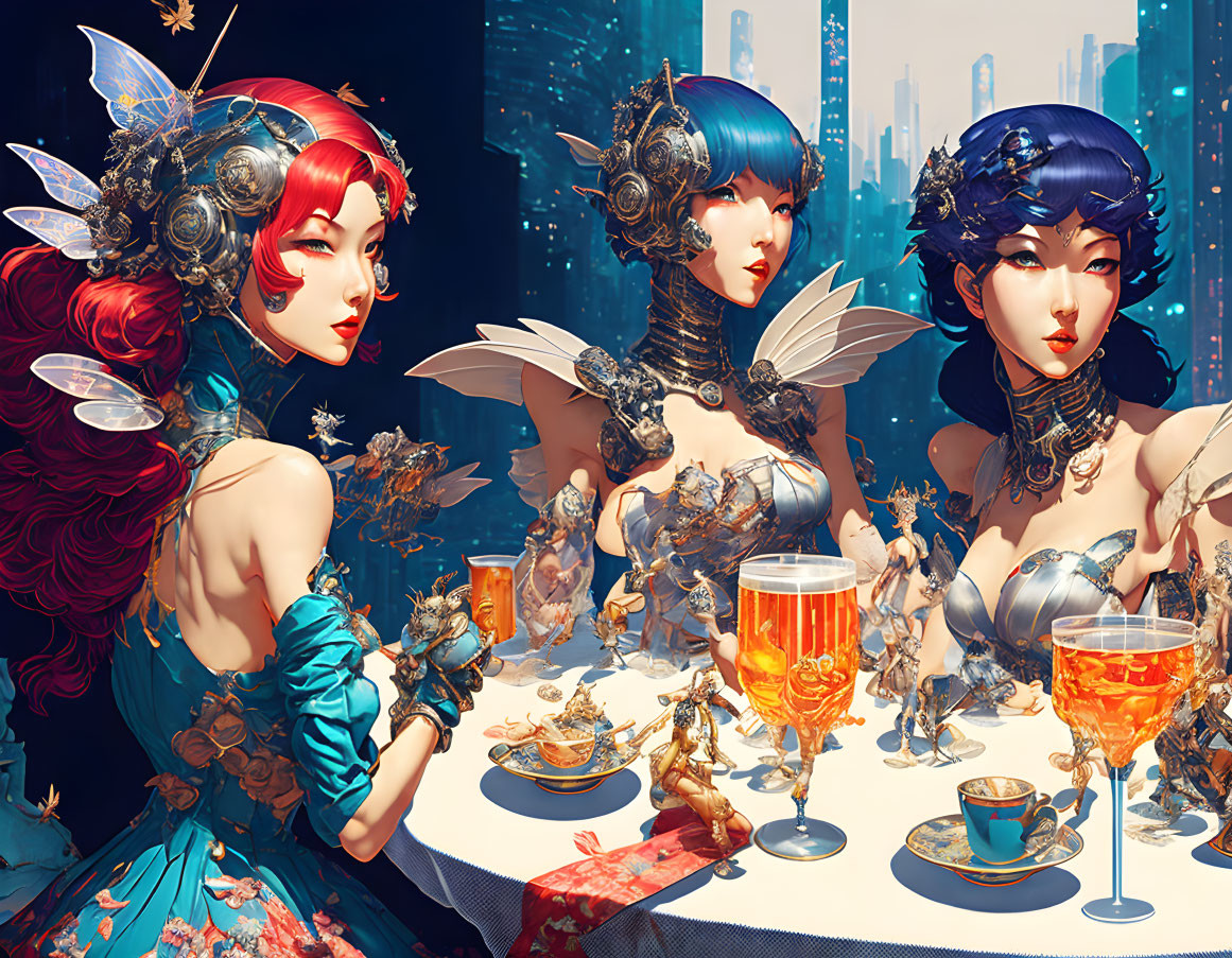 Stylized women with elaborate headdresses dining in futuristic cityscape