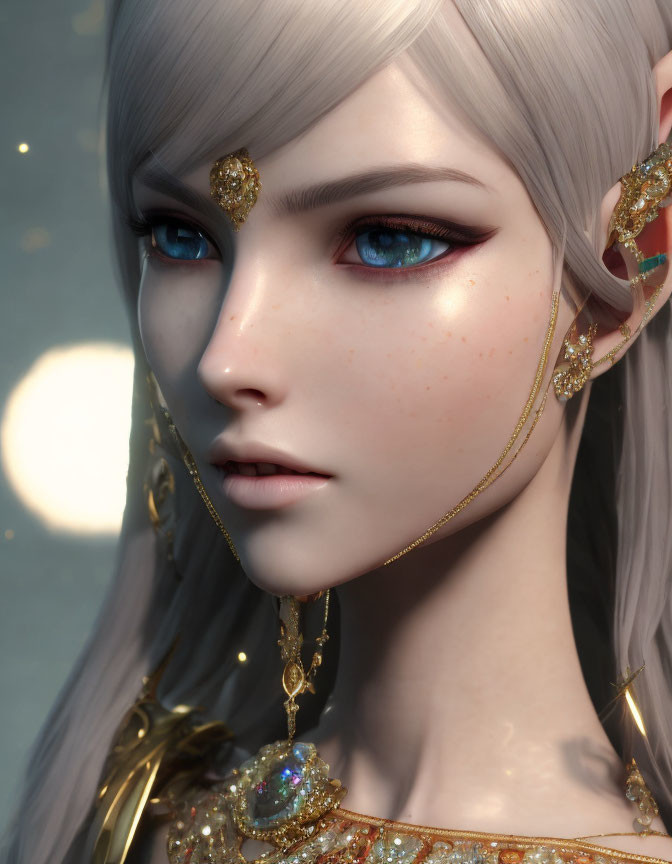 Fantasy character with silver hair, blue eyes, pointed ears, and gold jewelry.